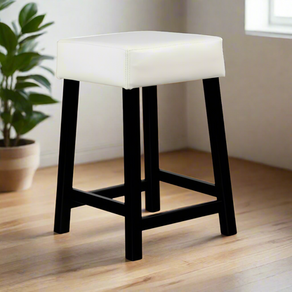 Bar stool with white cushioned seat and black legs on a white background