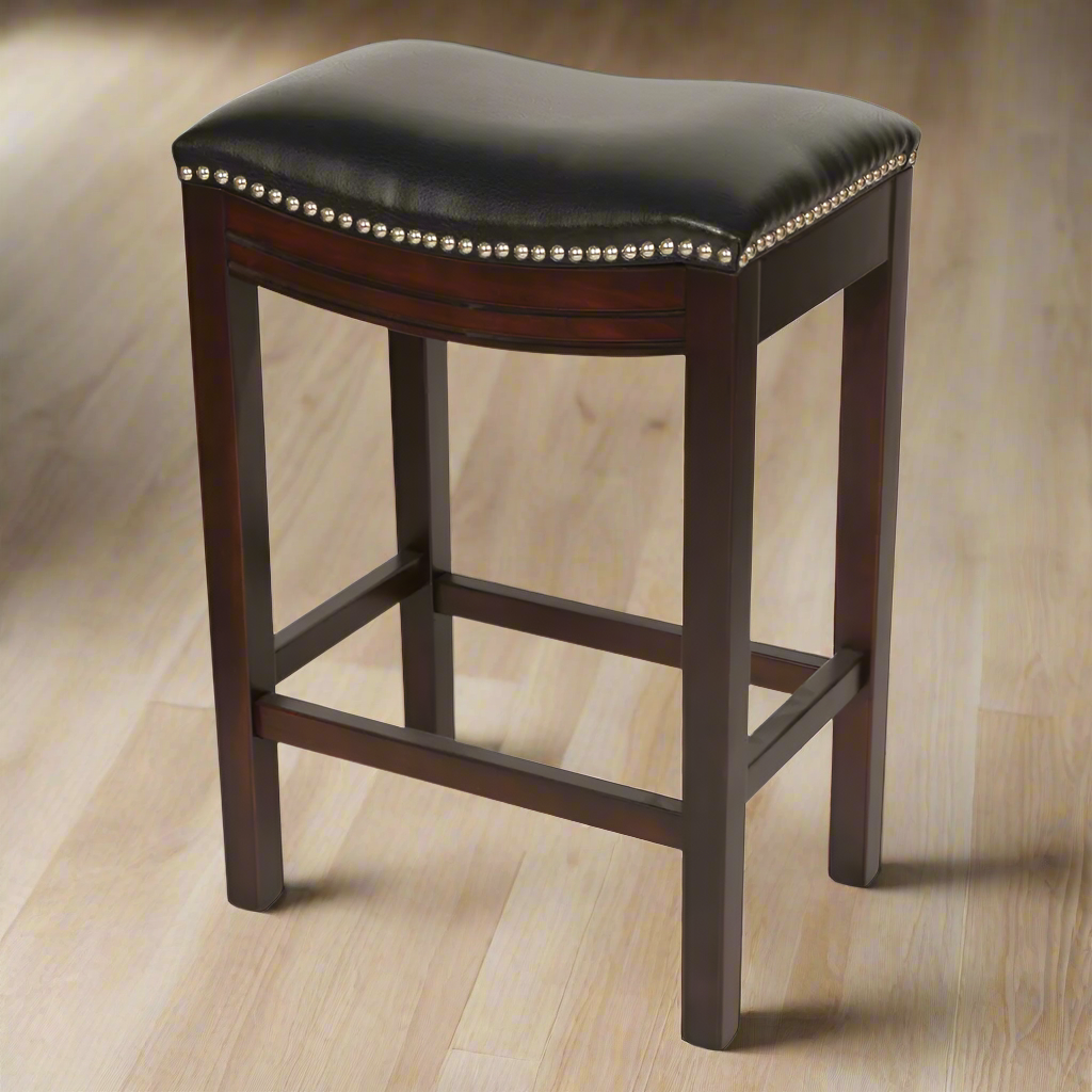 Bar stool with black leather seat and wooden frame on a white background