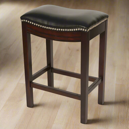 Bar stool with black leather seat and wooden frame on a white background