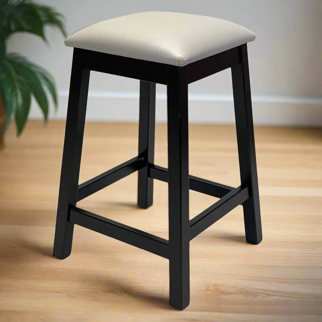 Bar stool with black frame and beige cushion on a white background