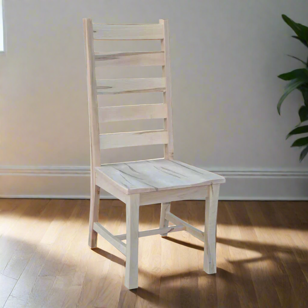 Wooden chair with a white marble-like seat on a white background