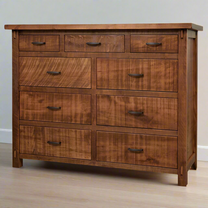 Wooden dresser with multiple drawers on a white background