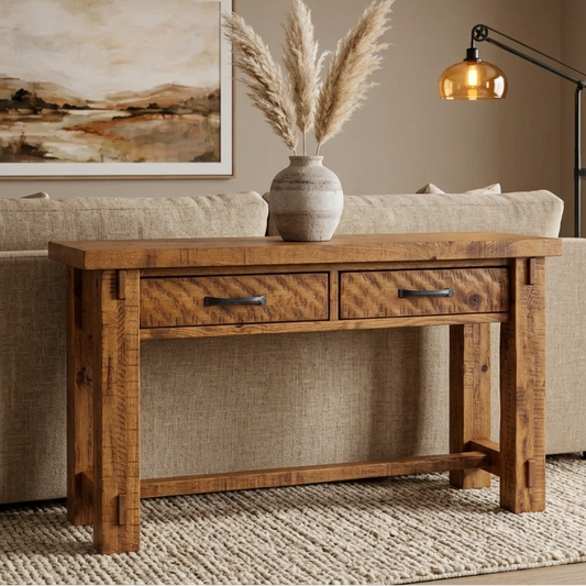 A rustic wooden writing desk with two drawers, featuring a rich brown wood grain finish and dark metal handles, photographed on a seamless white background.