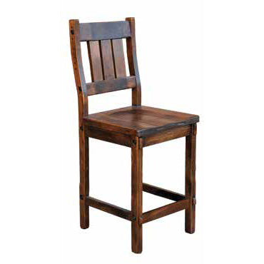 A brown wooden bar chair with a solid backrest and seat, showcasing a rustic design with visible wood grain.