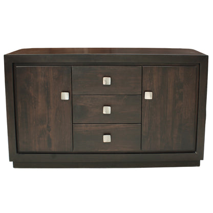 Dark wood sideboard with three drawers and square handles on a white background