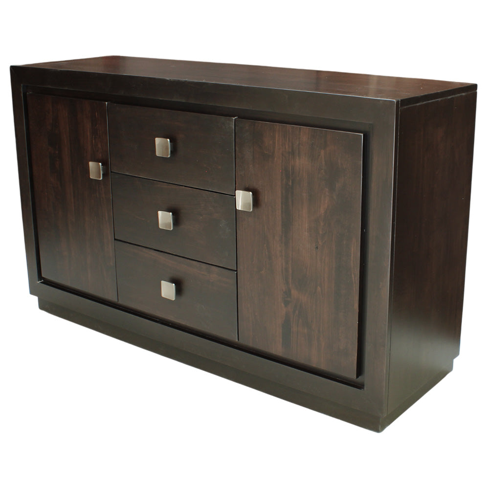 Dark wood sideboard with drawers and doors on a white background