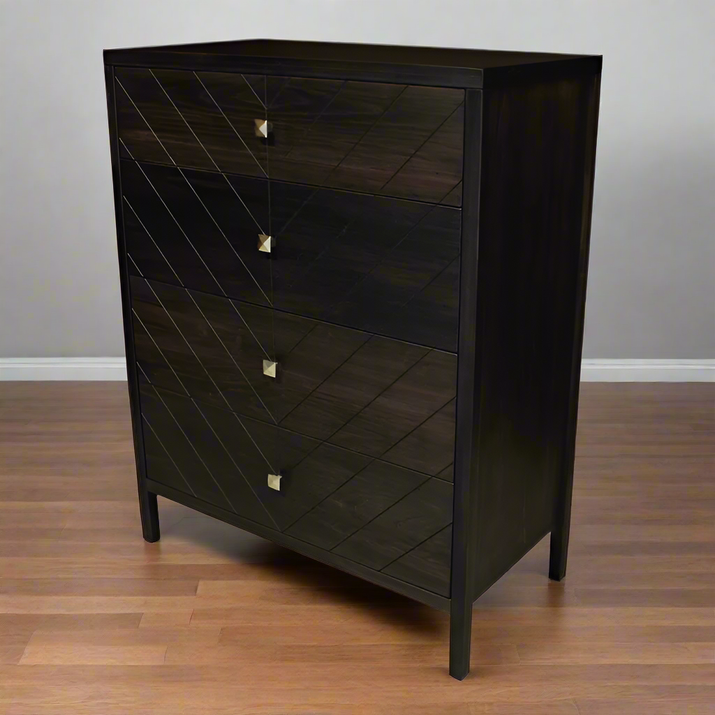 Dark wood dresser with geometric pattern on a white background