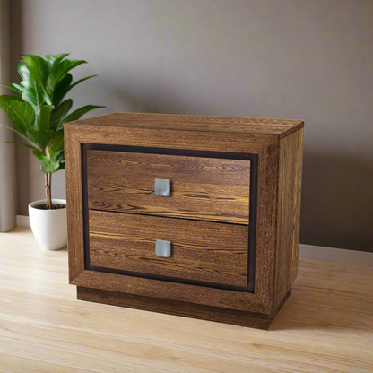 Wooden nightstand with two drawers on a white background