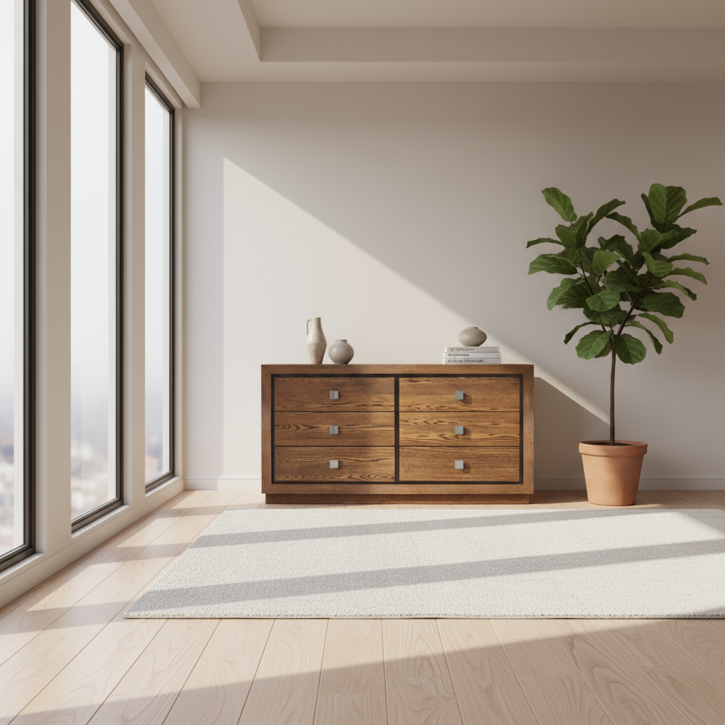 Wooden dresser with four drawers on a white background