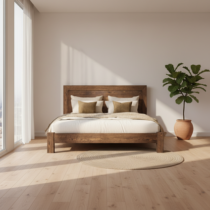 Wooden bed with white bedding and decorative pillows on a white background