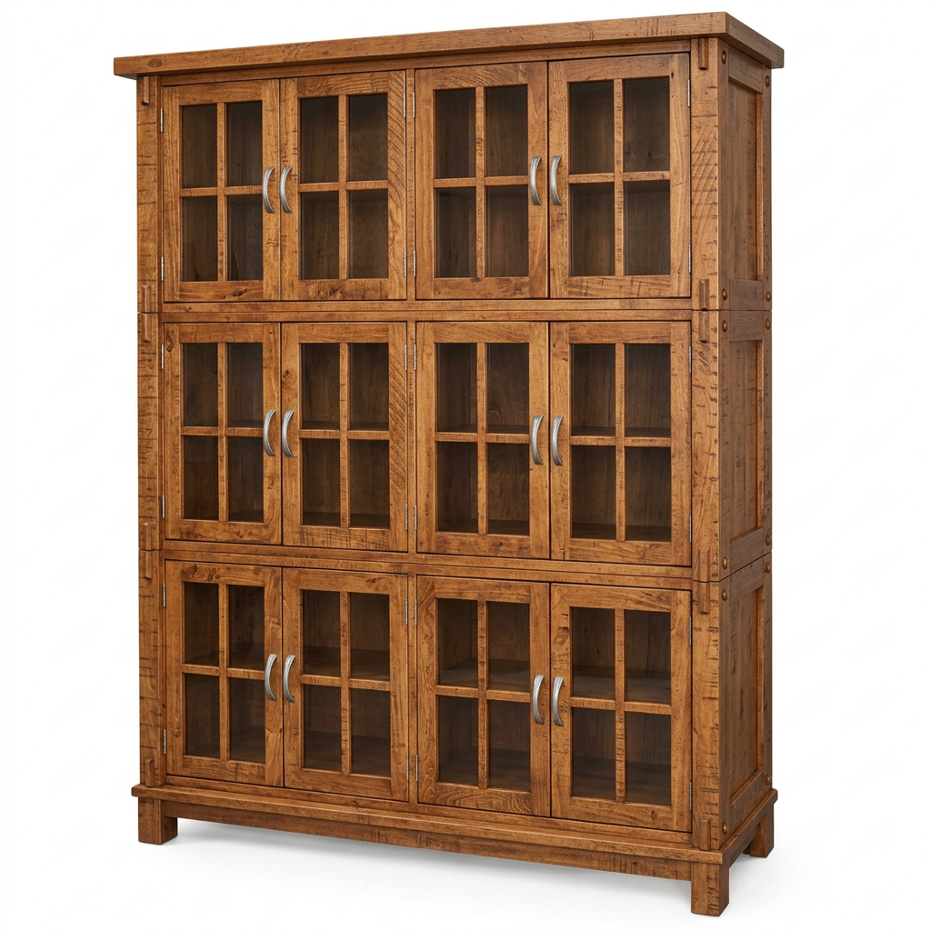 A tall rustic wooden cabinet with six glass-paneled doors arranged in two stacked tiers of three. The cabinet features a dark brown wood finish with visible grain, silver metal handles, and decorative corner brackets, shown on a plain white background.