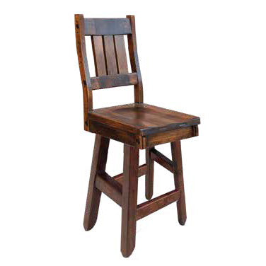 A brown wooden swivel bar chair with a solid back and seat made from wormy maple wood.