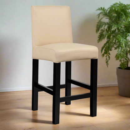 Beige bar stool with black legs on a white background