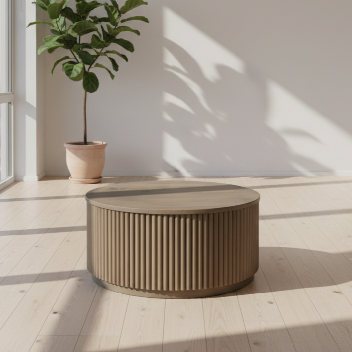 Round wooden coffee table in a room with a plant and sunlight casting shadows on the floor.