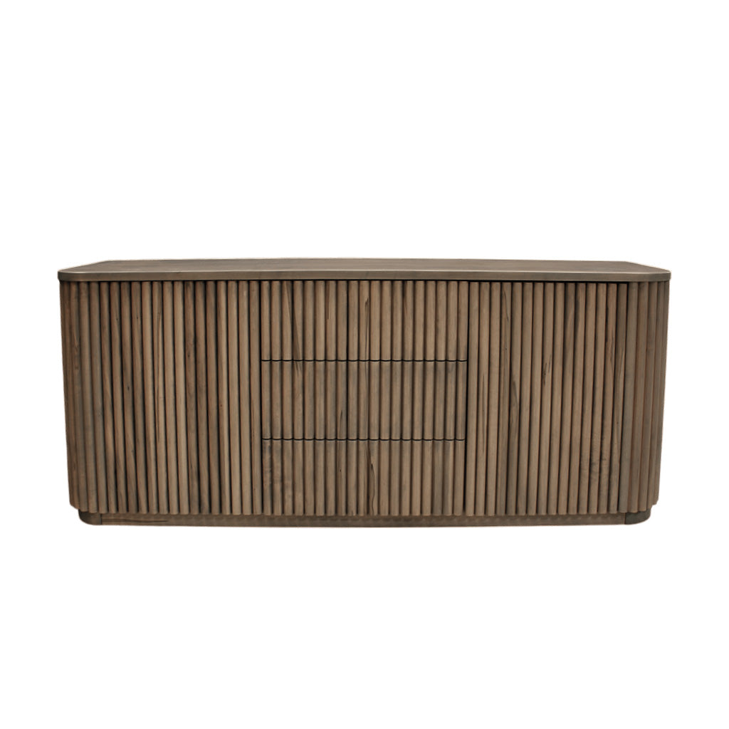 Wooden sideboard with slatted design on a white background