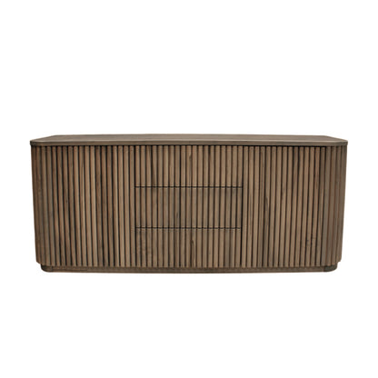 Wooden sideboard with slatted design on a white background