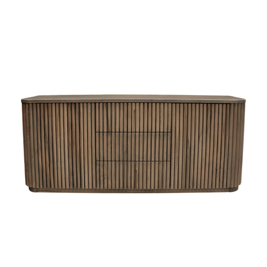 Wooden sideboard with slatted design on a white background