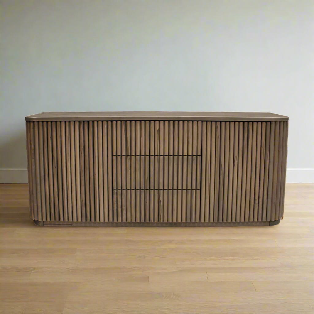 Wooden sideboard with slatted design on a white background