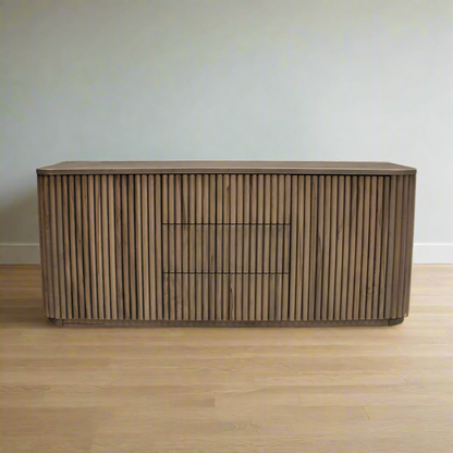 Wooden sideboard with slatted design on a white background
