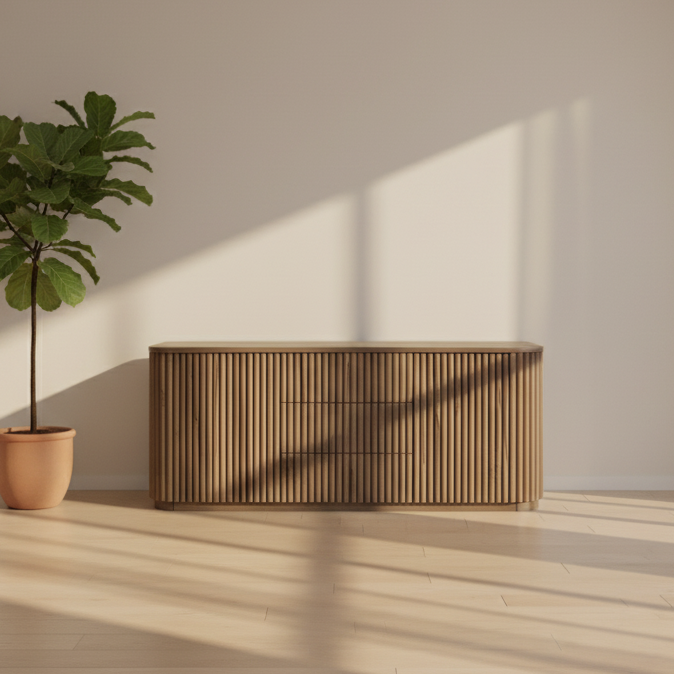 Modern interior with a wooden desk and potted plant in a bright room.