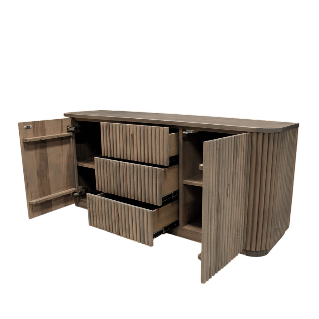 Wooden sideboard with open doors and drawers on a white background