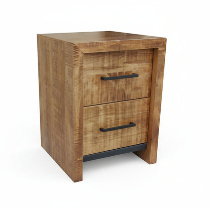 Wooden nightstand with two drawers on a white background