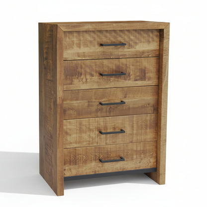 A solid wood chest with five drawers, featuring a natural wormy maple wood finish with unique grain patterns and a windswept texture.