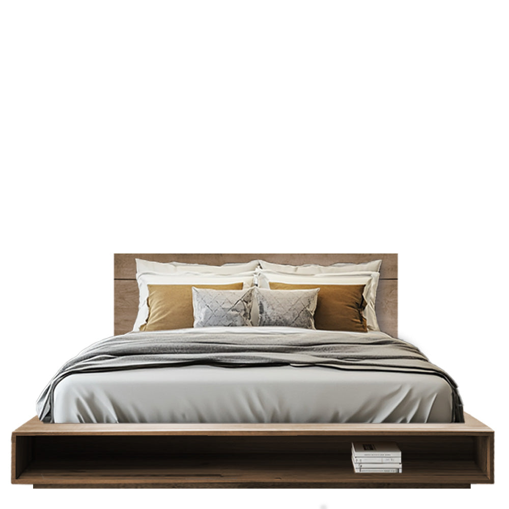 A Wellmont solid wood bed with a brown maple texture and coastal driftwood stain, featuring a headboard, footboard, and storage drawers, with bedding and pillows on top.