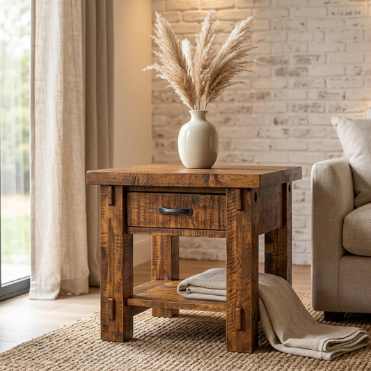 A rustic wooden end table with a single drawer and open lower shelf, styled in a living room next to a sofa with a vase of pampas grass on top.