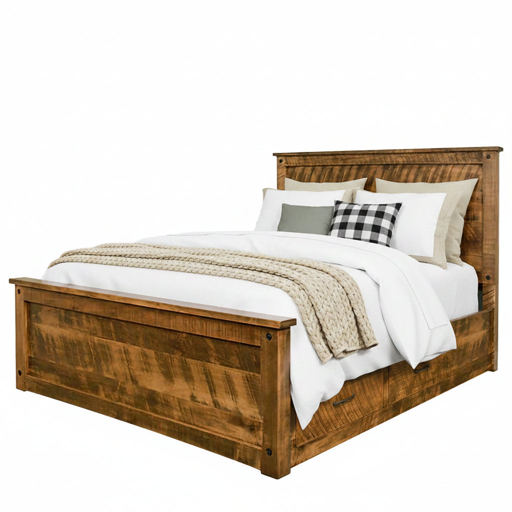 A rustic-style solid wood storage bed with a brown finish, handcrafted from wormy maple wood, with a Millsawn surface texture, featuring a high headboard and footboard, and a low sheen conversion varnish finish.