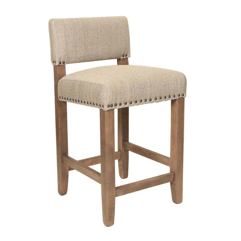 Beige bar stool with wooden frame on a white background